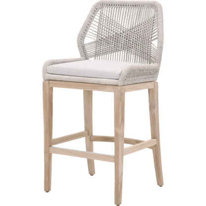 Loom Barstool by Essentials For Living in taupe, white flat rope, natural gray mahogany, pumice fabric. Made from solid mahogany, 100% olefin rope, 100% olefin fabric in a coastal style.