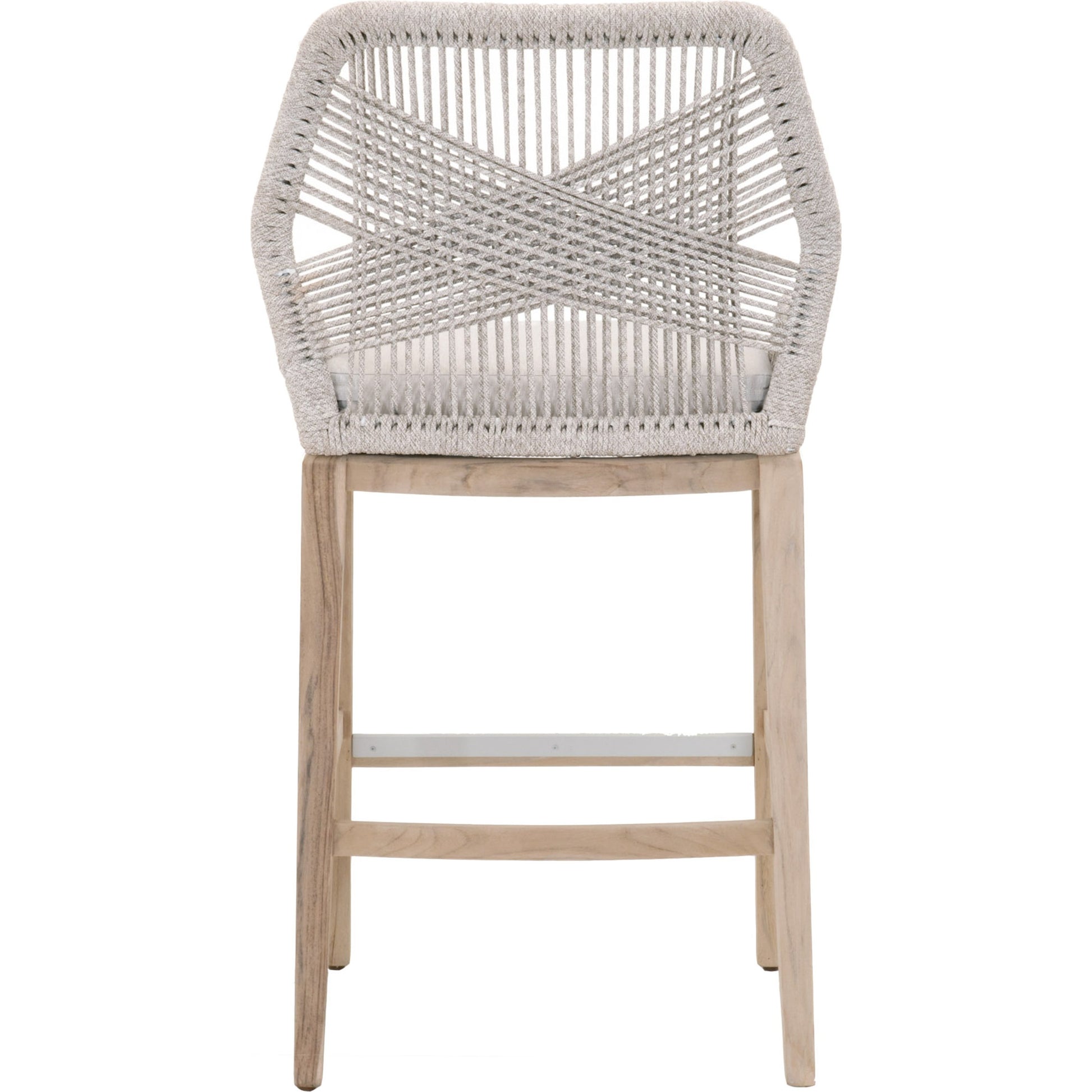 Loom Barstool by Essentials For Living in taupe, white flat rope, natural gray mahogany, pumice fabric. Made from solid mahogany, 100% olefin rope, 100% olefin fabric in a coastal style.