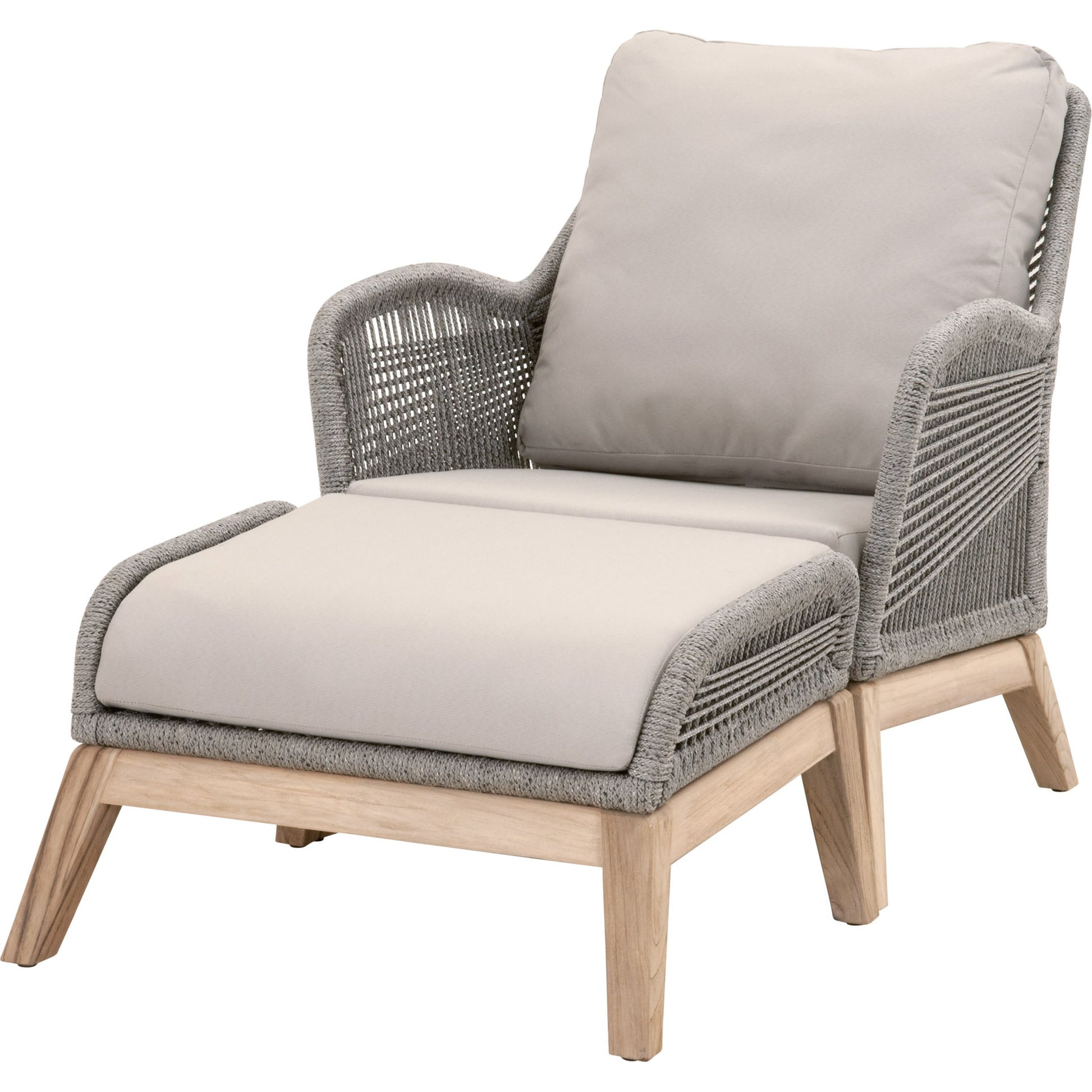 Loom Club Chair by Essentials For Living in gray teak, taupe, white flat rope, performance pumice. Made from solid teak wood, aluminum, 100% polyolefin rope, 100% olefin fabric, foam in a coastal style.