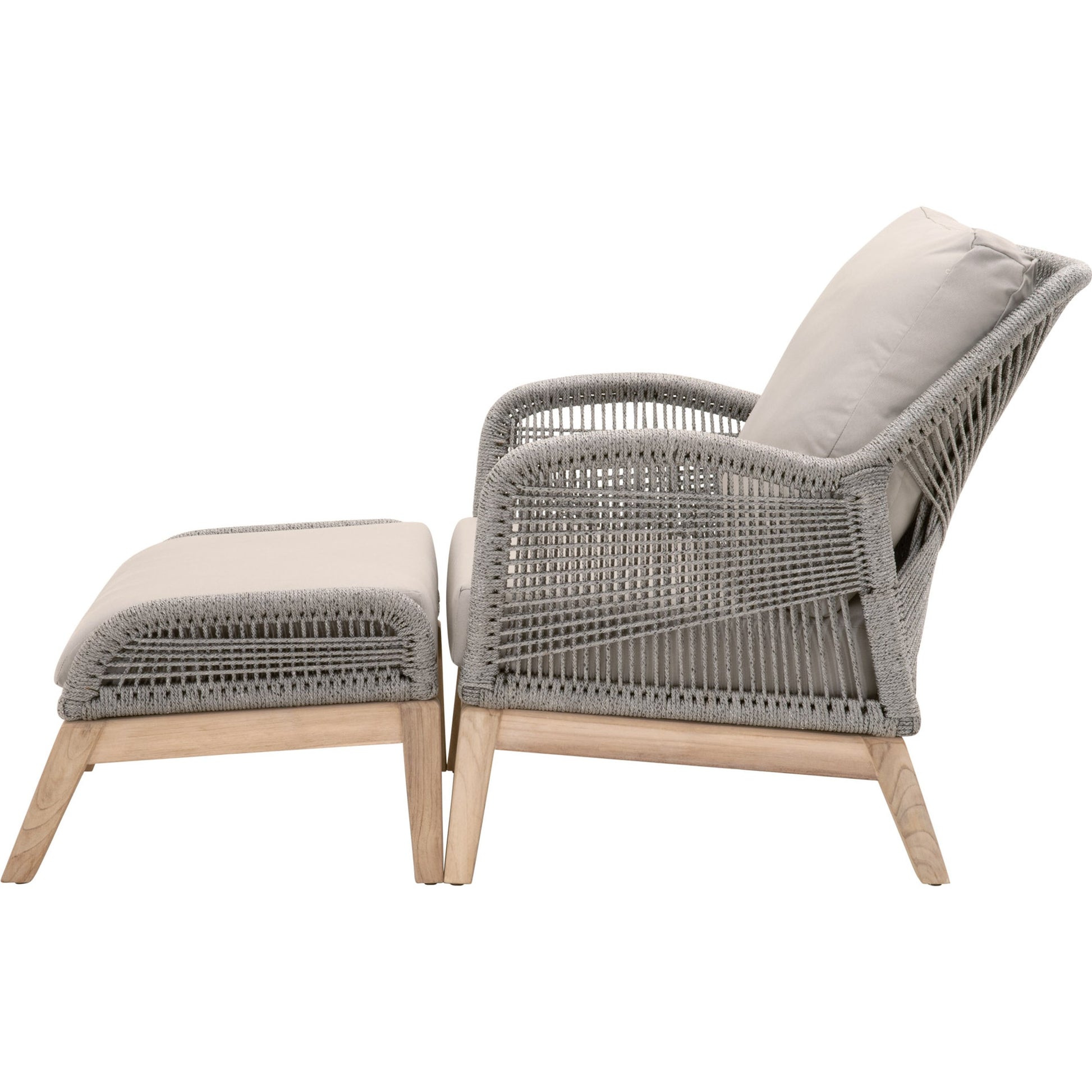 Loom Club Chair by Essentials For Living in gray teak, taupe, white flat rope, performance pumice. Made from solid teak wood, aluminum, 100% polyolefin rope, 100% olefin fabric, foam in a coastal style.