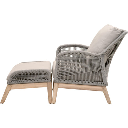 Loom Club Chair by Essentials For Living in gray teak, taupe, white flat rope, performance pumice. Made from solid teak wood, aluminum, 100% polyolefin rope, 100% olefin fabric, foam in a coastal style.