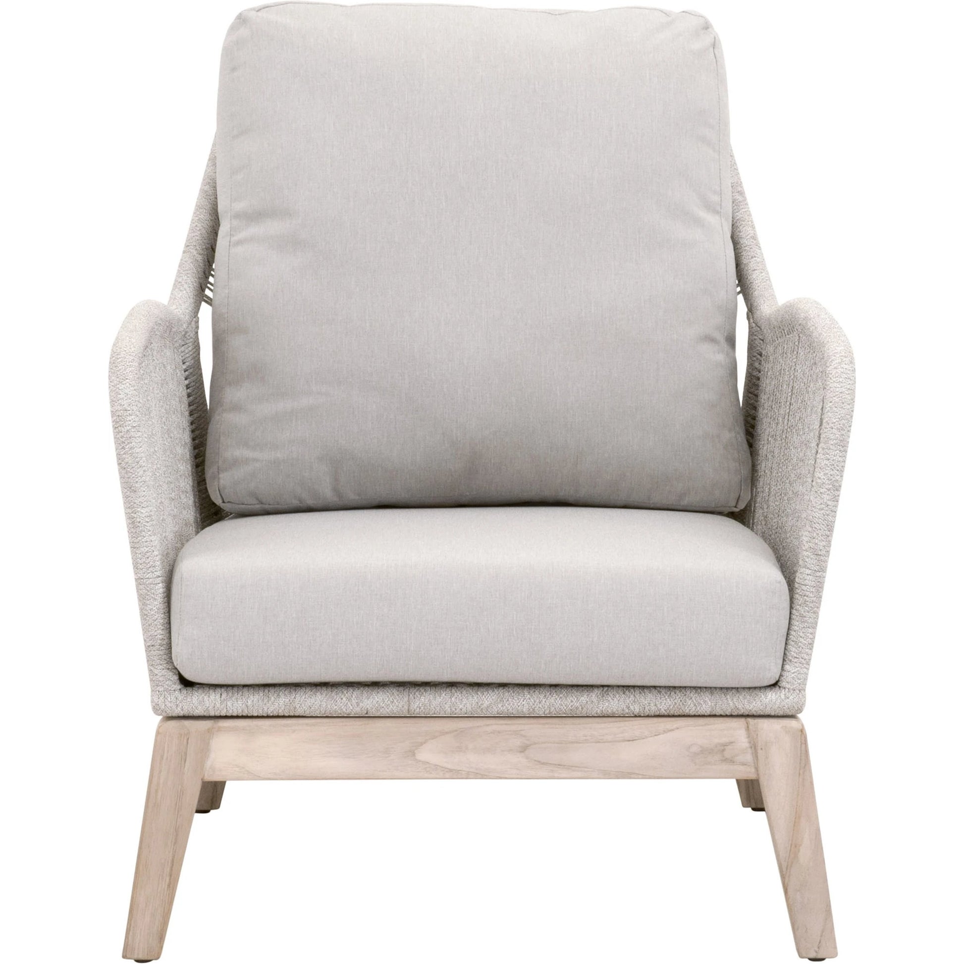 Loom Club Chair by Essentials For Living in gray teak, taupe, white flat rope, performance pumice. Made from solid teak wood, aluminum, 100% polyolefin rope, 100% olefin fabric, foam in a coastal style.