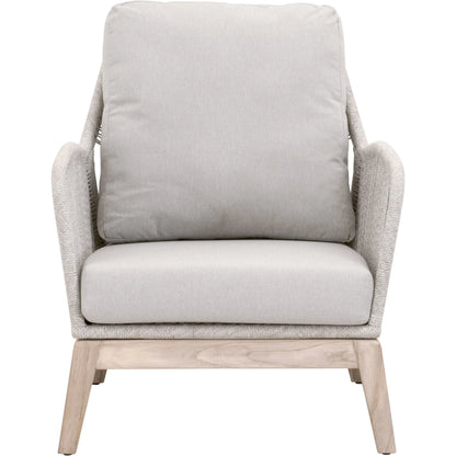 Loom Club Chair by Essentials For Living in gray teak, taupe, white flat rope, performance pumice. Made from solid teak wood, aluminum, 100% polyolefin rope, 100% olefin fabric, foam in a coastal style.