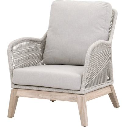 Loom Club Chair by Essentials For Living in gray teak, taupe, white flat rope, performance pumice. Made from solid teak wood, aluminum, 100% polyolefin rope, 100% olefin fabric, foam in a coastal style.