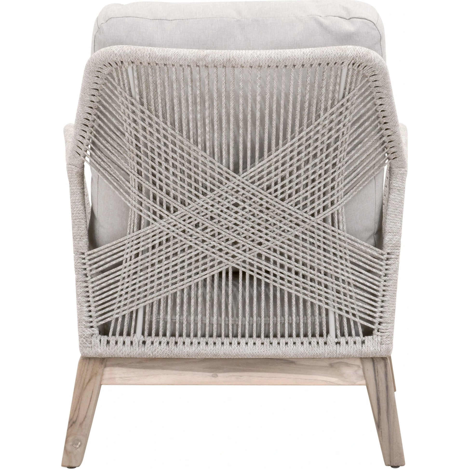 Loom Club Chair by Essentials For Living in gray teak, taupe, white flat rope, performance pumice. Made from solid teak wood, aluminum, 100% polyolefin rope, 100% olefin fabric, foam in a coastal style.