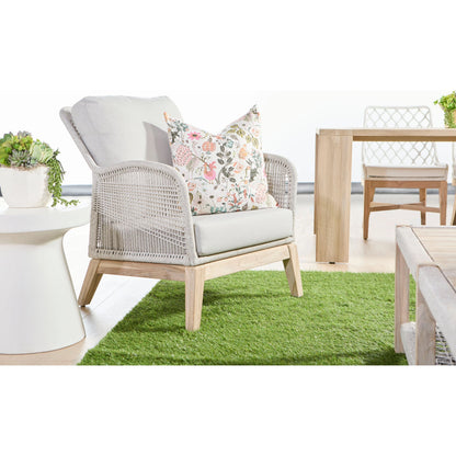 Loom Club Chair by Essentials For Living in gray teak, taupe, white flat rope, performance pumice. Made from solid teak wood, aluminum, 100% polyolefin rope, 100% olefin fabric, foam in a coastal style.