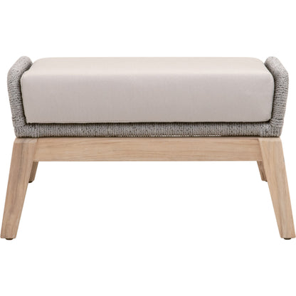 Loom Footstool by Essentials For Living in gray teak, taupe, white flat rope, performance pumice. Made from solid teak wood, aluminum, 100% polyolefin rope, 100% olefin fabric, foam in a coastal style.