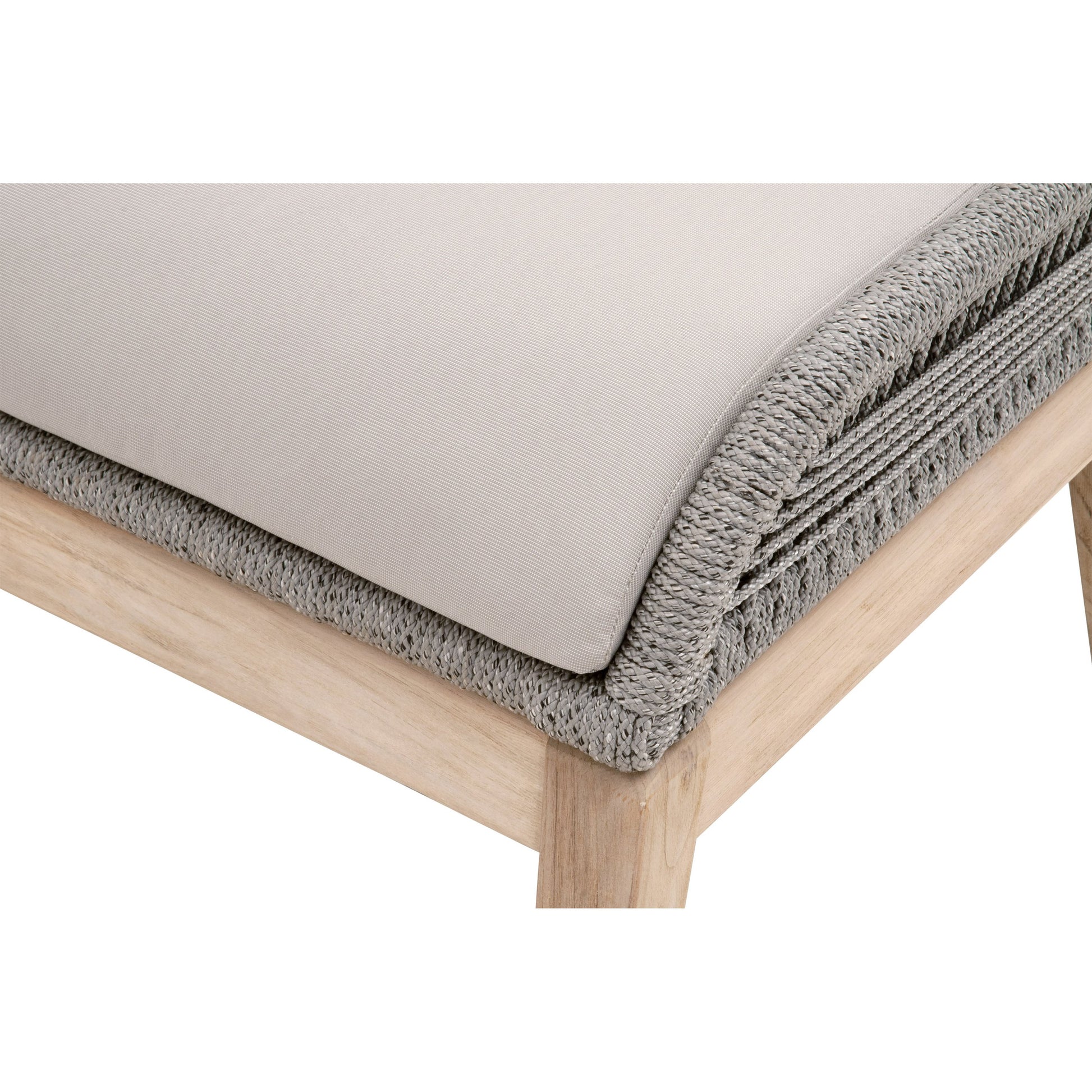 Loom Footstool by Essentials For Living in gray teak, taupe, white flat rope, performance pumice. Made from solid teak wood, aluminum, 100% polyolefin rope, 100% olefin fabric, foam in a coastal style.