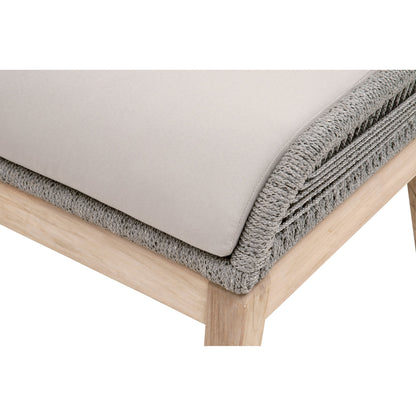 Loom Footstool by Essentials For Living in gray teak, taupe, white flat rope, performance pumice. Made from solid teak wood, aluminum, 100% polyolefin rope, 100% olefin fabric, foam in a coastal style.