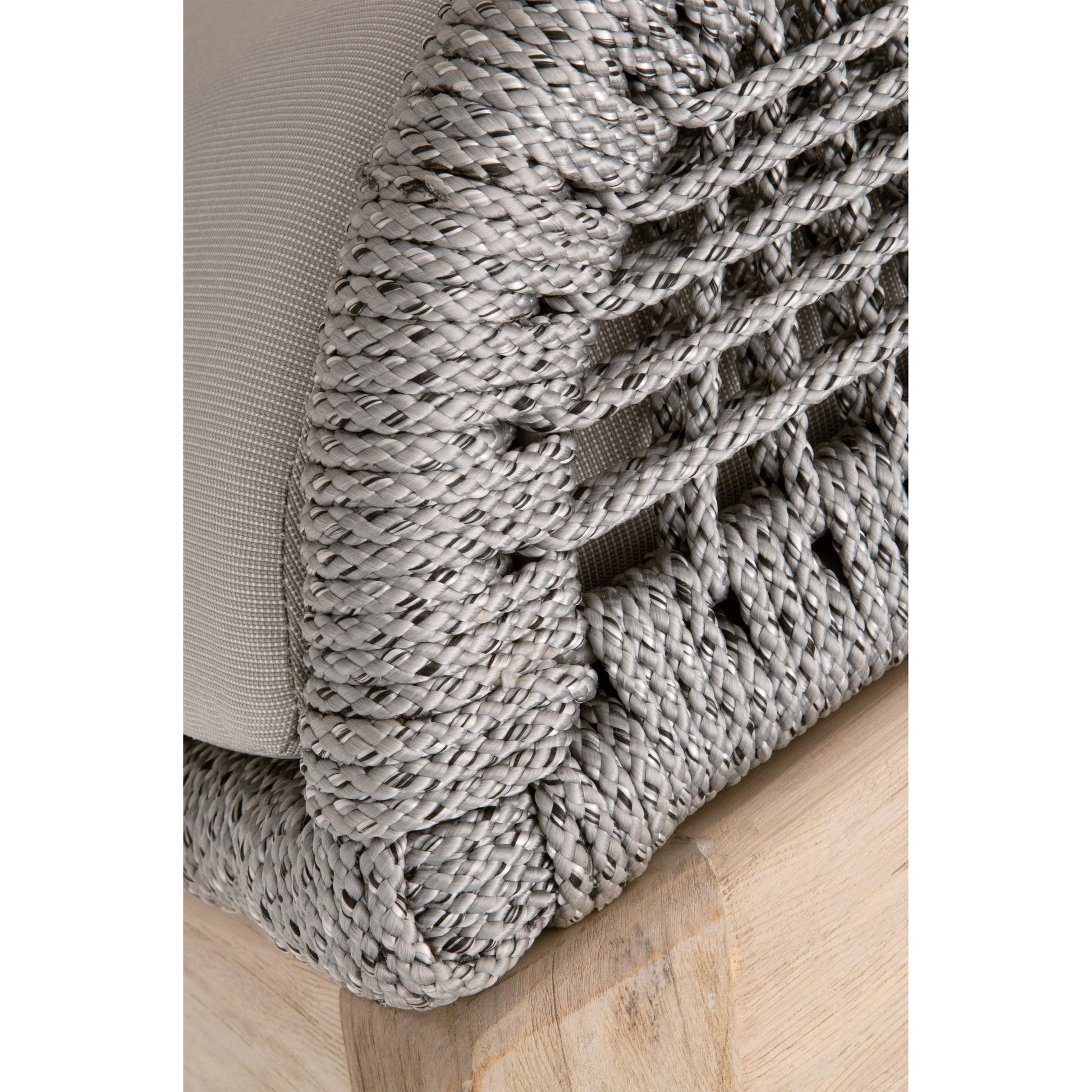 Loom Footstool by Essentials For Living in gray teak, taupe, white flat rope, performance pumice. Made from solid teak wood, aluminum, 100% polyolefin rope, 100% olefin fabric, foam in a coastal style.