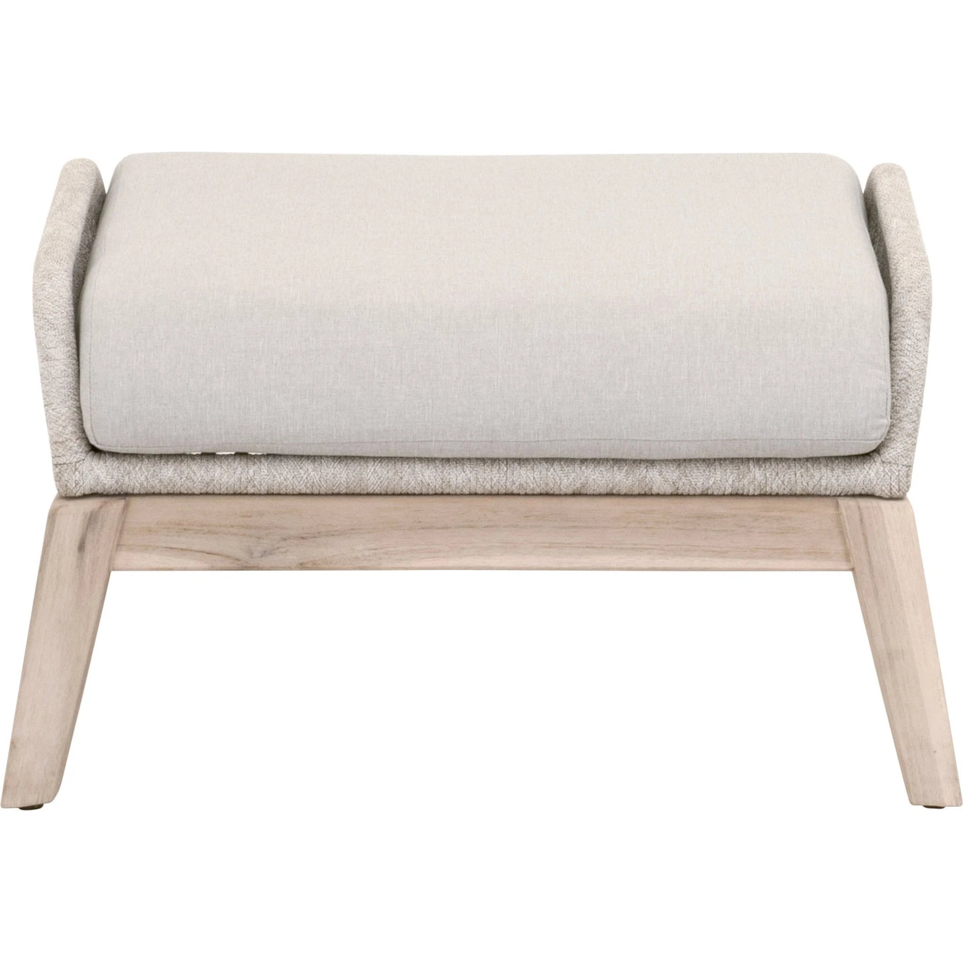 Loom Footstool by Essentials For Living in gray teak, taupe, white flat rope, performance pumice. Made from solid teak wood, aluminum, 100% polyolefin rope, 100% olefin fabric, foam in a coastal style.