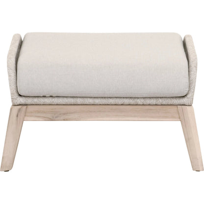 Loom Footstool by Essentials For Living in gray teak, taupe, white flat rope, performance pumice. Made from solid teak wood, aluminum, 100% polyolefin rope, 100% olefin fabric, foam in a coastal style.