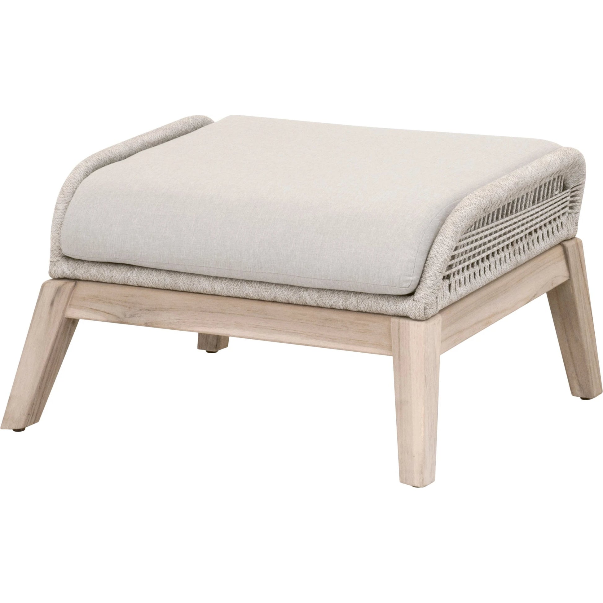 Loom Footstool by Essentials For Living in gray teak, taupe, white flat rope, performance pumice. Made from solid teak wood, aluminum, 100% polyolefin rope, 100% olefin fabric, foam in a coastal style.