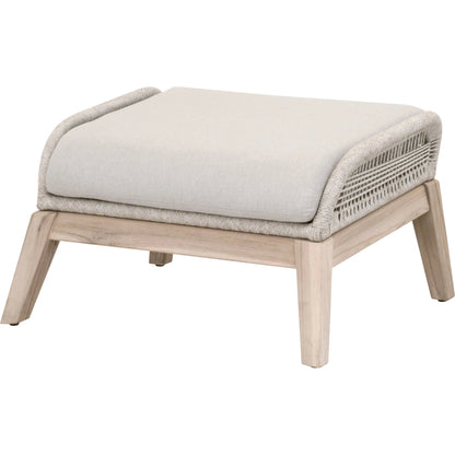 Loom Footstool by Essentials For Living in gray teak, taupe, white flat rope, performance pumice. Made from solid teak wood, aluminum, 100% polyolefin rope, 100% olefin fabric, foam in a coastal style.
