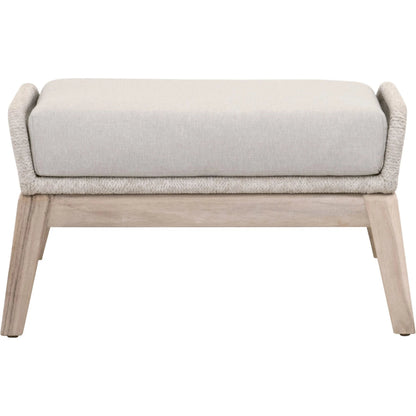 Loom Footstool by Essentials For Living in gray teak, taupe, white flat rope, performance pumice. Made from solid teak wood, aluminum, 100% polyolefin rope, 100% olefin fabric, foam in a coastal style.