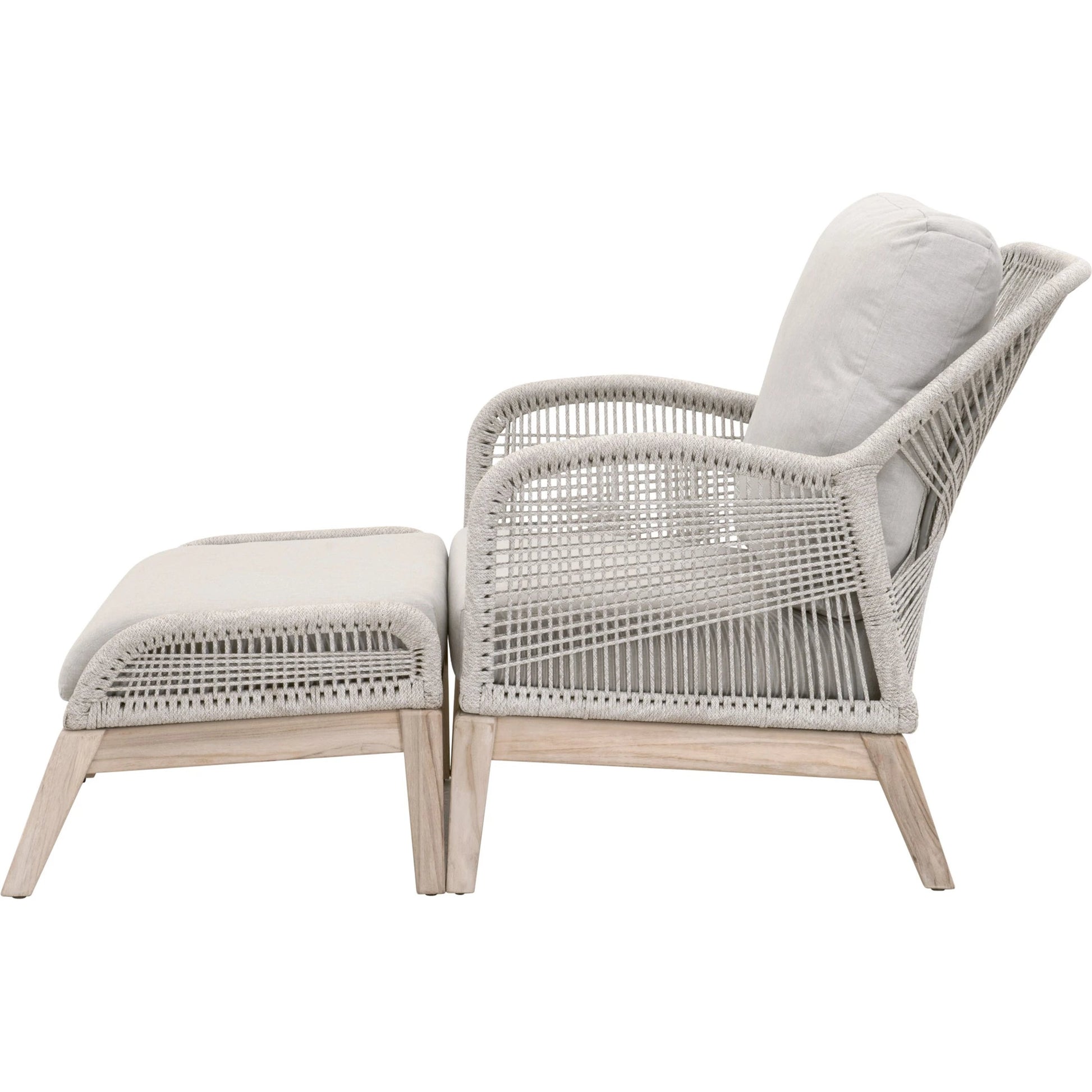 Loom Footstool by Essentials For Living in gray teak, taupe, white flat rope, performance pumice. Made from solid teak wood, aluminum, 100% polyolefin rope, 100% olefin fabric, foam in a coastal style.