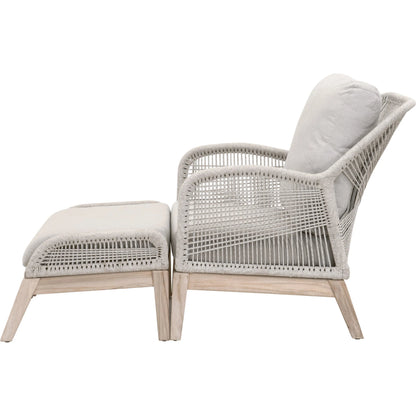 Loom Footstool by Essentials For Living in gray teak, taupe, white flat rope, performance pumice. Made from solid teak wood, aluminum, 100% polyolefin rope, 100% olefin fabric, foam in a coastal style.