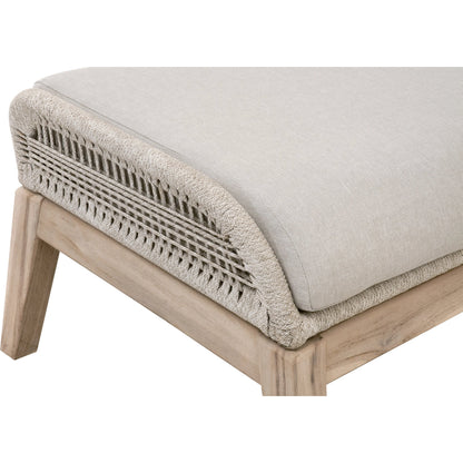 Loom Footstool by Essentials For Living in gray teak, taupe, white flat rope, performance pumice. Made from solid teak wood, aluminum, 100% polyolefin rope, 100% olefin fabric, foam in a coastal style.