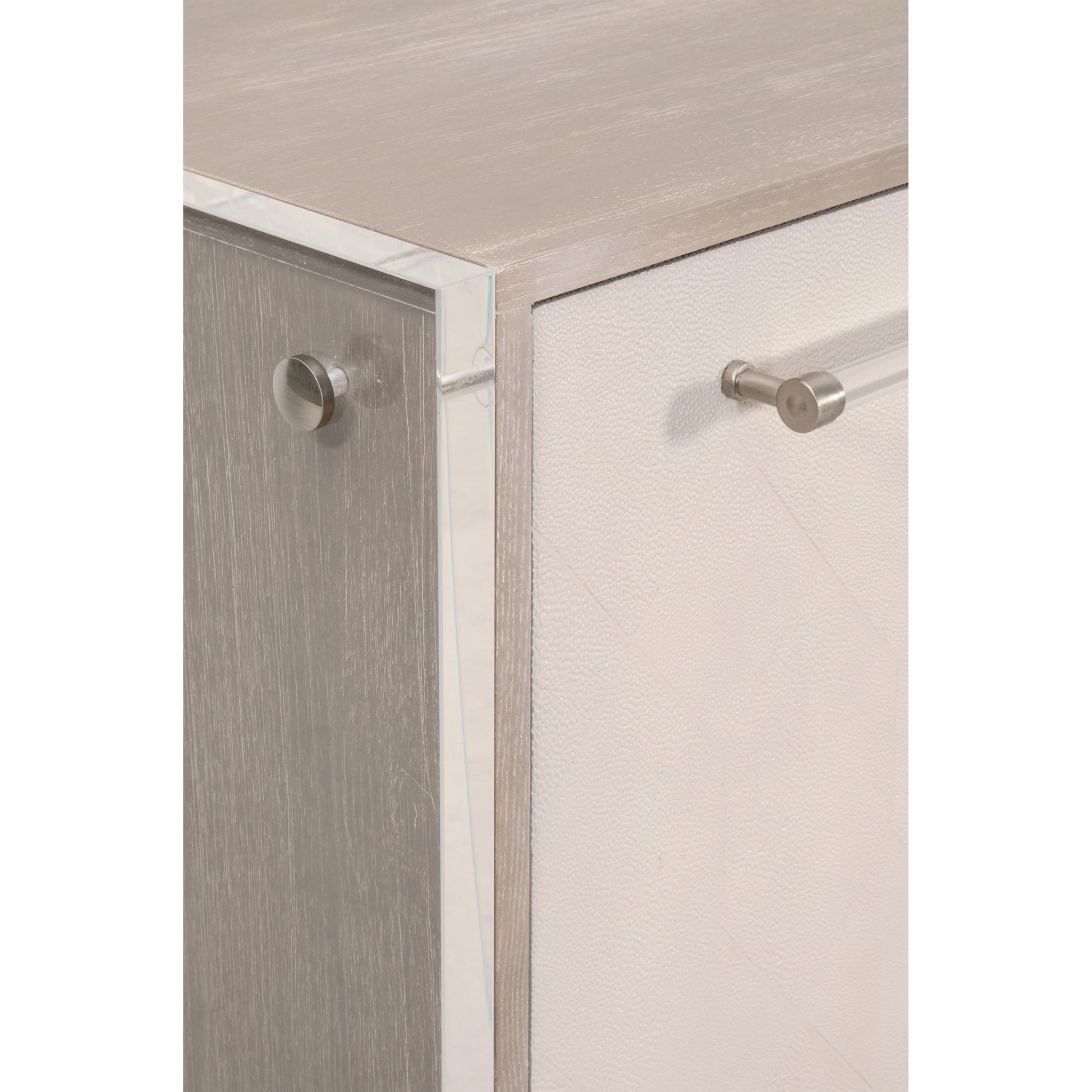 Lorin Shagreen Media Sideboard by Essentials For Living in pearl shagreen, natural gray acacia. Made from acacia veneer, faux shagreen resin, solid rubberwood, solid beech, mdf, acrylic, metal in a modern style.