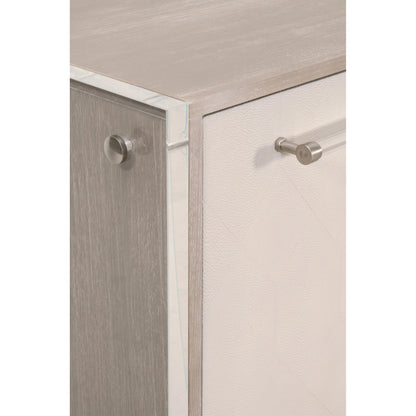 Lorin Shagreen Media Sideboard by Essentials For Living in pearl shagreen, natural gray acacia. Made from acacia veneer, faux shagreen resin, solid rubberwood, solid beech, mdf, acrylic, metal in a modern style.