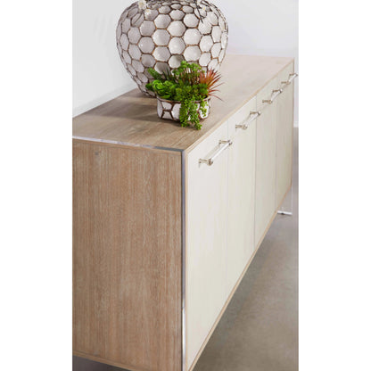 Lorin Shagreen Media Sideboard by Essentials For Living in pearl shagreen, natural gray acacia. Made from acacia veneer, faux shagreen resin, solid rubberwood, solid beech, mdf, acrylic, metal in a modern style.