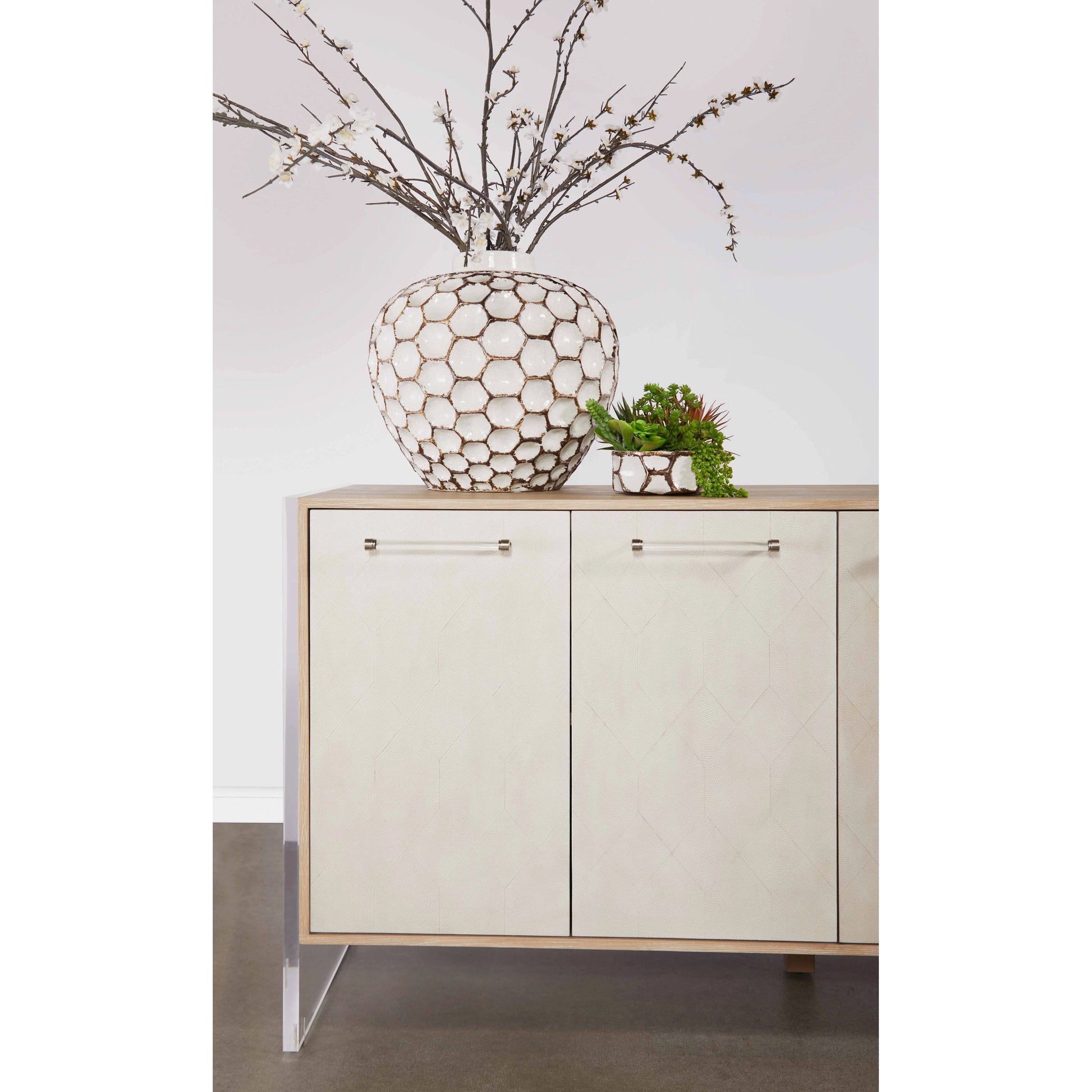 Lorin Shagreen Media Sideboard by Essentials For Living in pearl shagreen, natural gray acacia. Made from acacia veneer, faux shagreen resin, solid rubberwood, solid beech, mdf, acrylic, metal in a modern style.