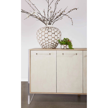 Lorin Shagreen Media Sideboard by Essentials For Living in pearl shagreen, natural gray acacia. Made from acacia veneer, faux shagreen resin, solid rubberwood, solid beech, mdf, acrylic, metal in a modern style.