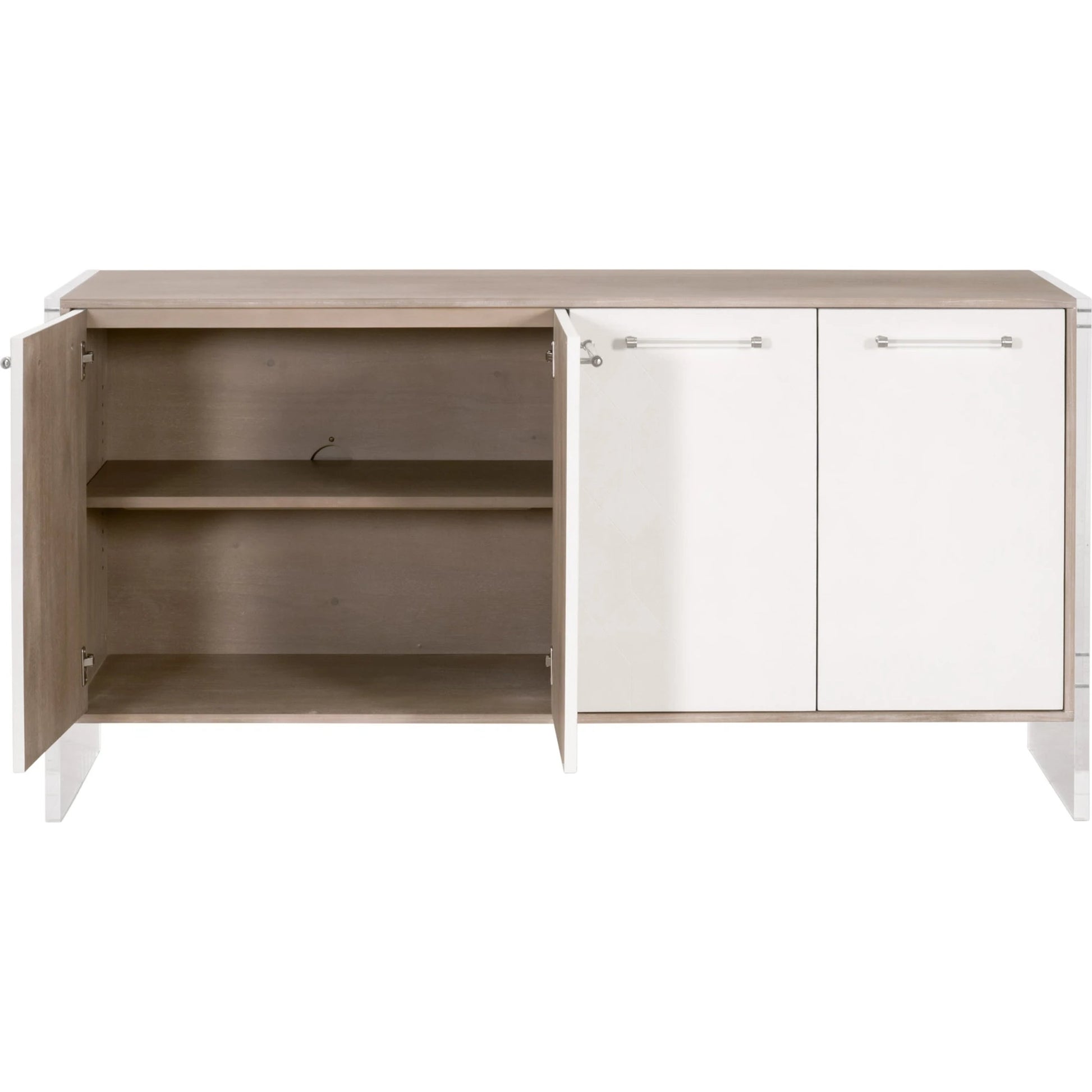 Lorin Shagreen Media Sideboard by Essentials For Living in pearl shagreen, natural gray acacia. Made from acacia veneer, faux shagreen resin, solid rubberwood, solid beech, mdf, acrylic, metal in a modern style.