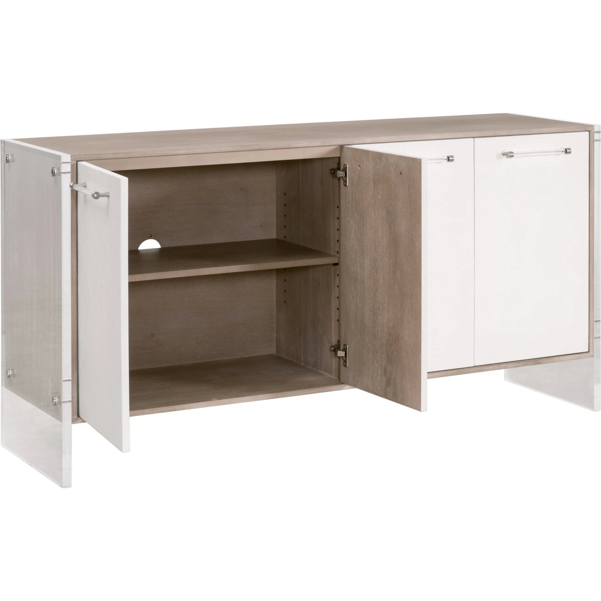 Lorin Shagreen Media Sideboard by Essentials For Living in pearl shagreen, natural gray acacia. Made from acacia veneer, faux shagreen resin, solid rubberwood, solid beech, mdf, acrylic, metal in a modern style.