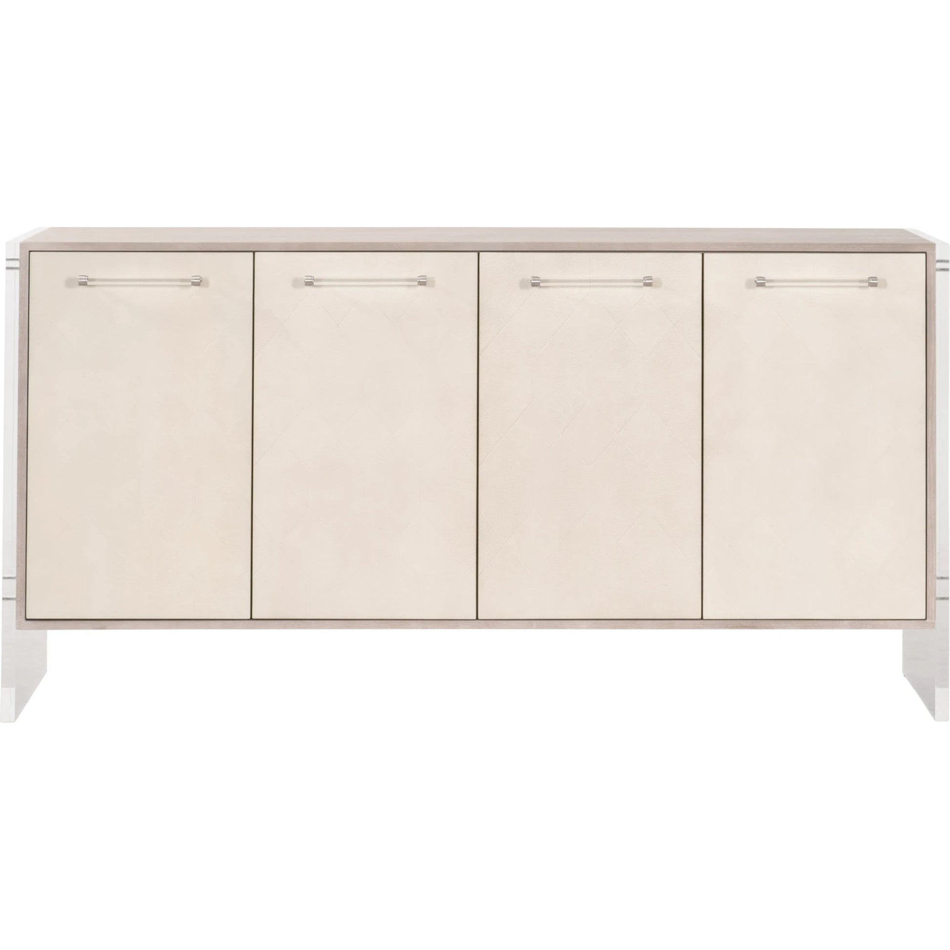 Lorin Shagreen Media Sideboard by Essentials For Living in pearl shagreen, natural gray acacia. Made from acacia veneer, faux shagreen resin, solid rubberwood, solid beech, mdf, acrylic, metal in a modern style.