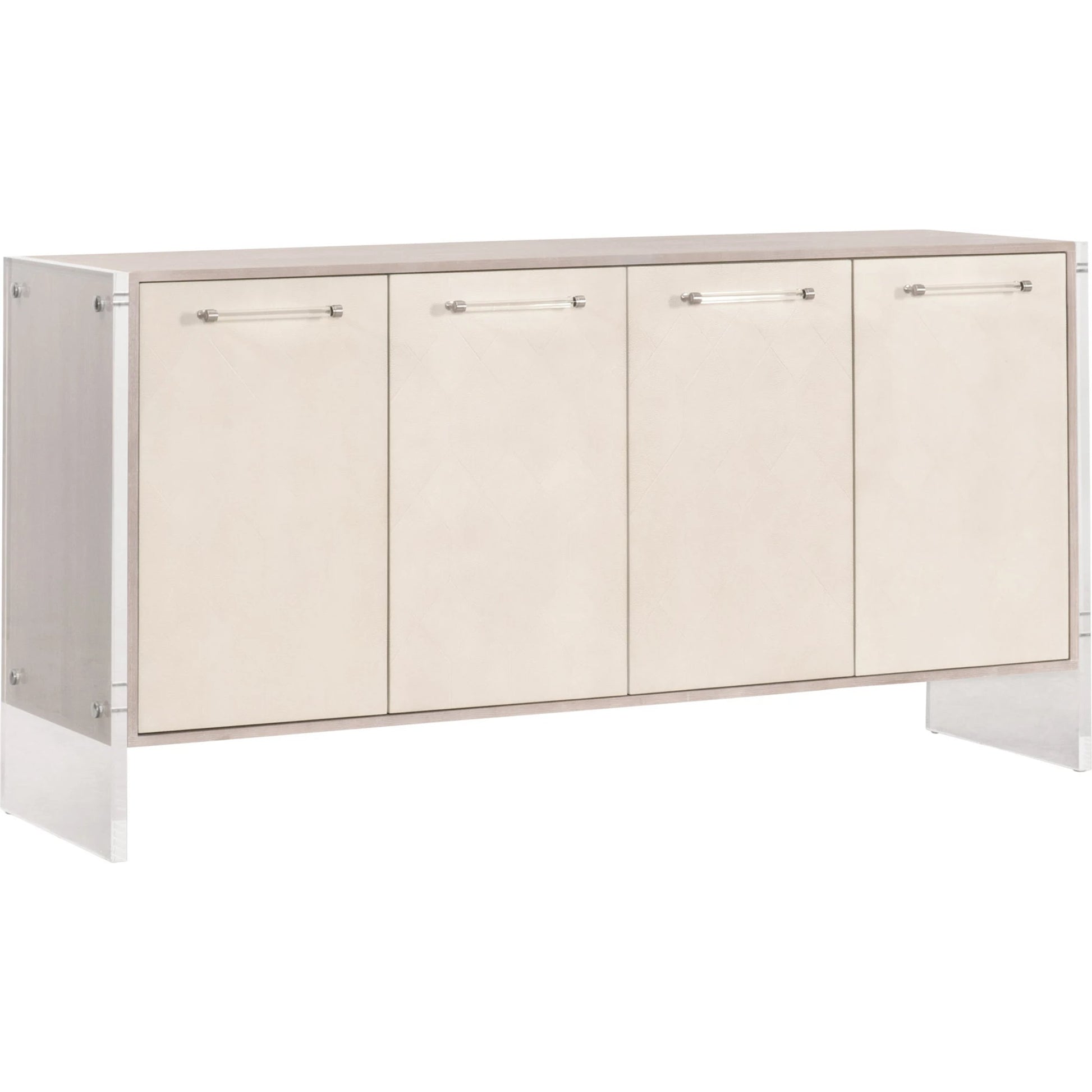 Lorin Shagreen Media Sideboard by Essentials For Living in pearl shagreen, natural gray acacia. Made from acacia veneer, faux shagreen resin, solid rubberwood, solid beech, mdf, acrylic, metal in a modern style.