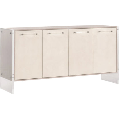 Lorin Shagreen Media Sideboard by Essentials For Living in pearl shagreen, natural gray acacia. Made from acacia veneer, faux shagreen resin, solid rubberwood, solid beech, mdf, acrylic, metal in a modern style.