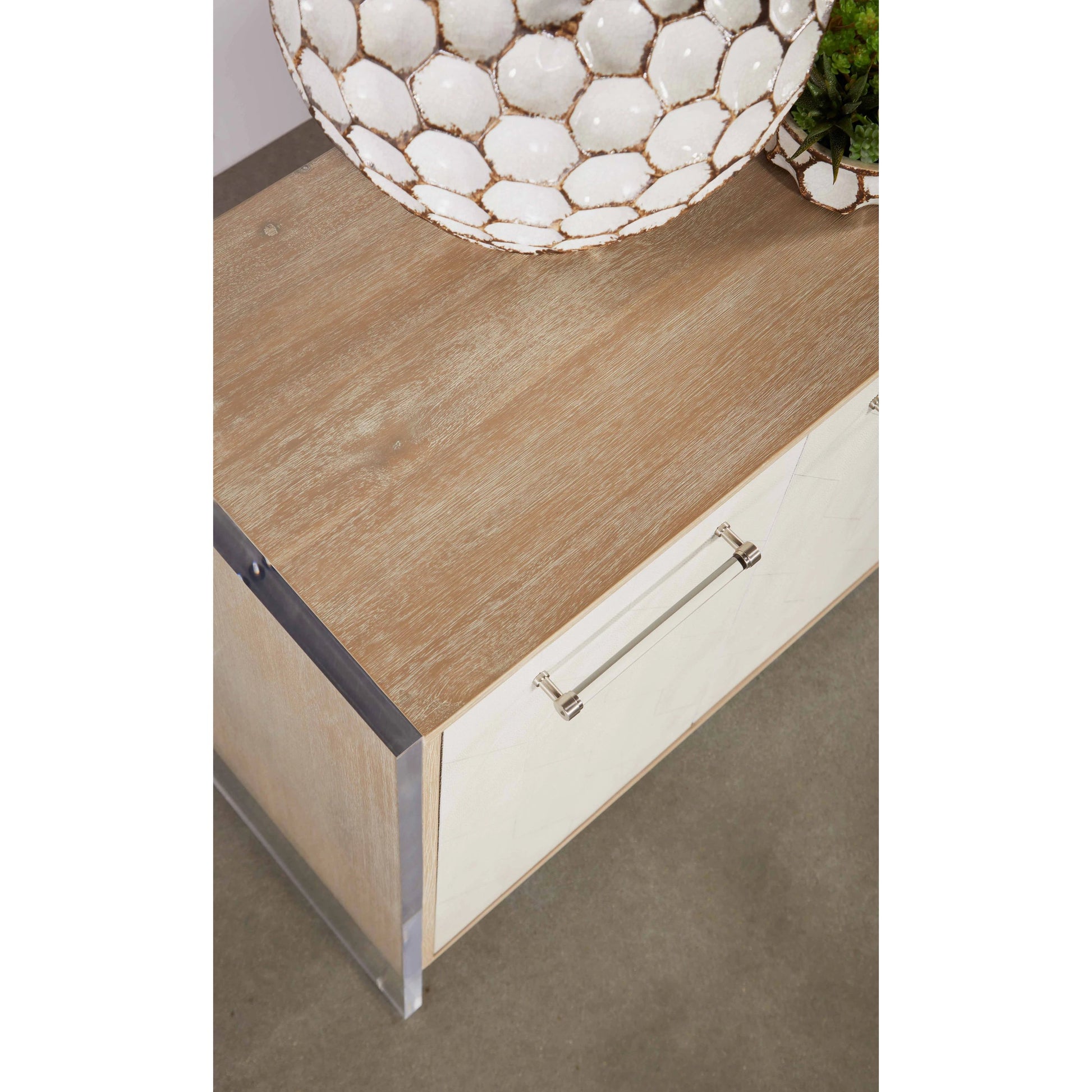 Lorin Shagreen Media Sideboard by Essentials For Living in pearl shagreen, natural gray acacia. Made from acacia veneer, faux shagreen resin, solid rubberwood, solid beech, mdf, acrylic, metal in a modern style.