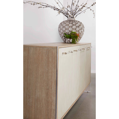 Lorin Shagreen Media Sideboard by Essentials For Living in pearl shagreen, natural gray acacia. Made from acacia veneer, faux shagreen resin, solid rubberwood, solid beech, mdf, acrylic, metal in a modern style.