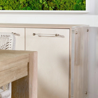 Lorin Shagreen Media Sideboard by Essentials For Living in pearl shagreen, natural gray acacia. Made from acacia veneer, faux shagreen resin, solid rubberwood, solid beech, mdf, acrylic, metal in a modern style.