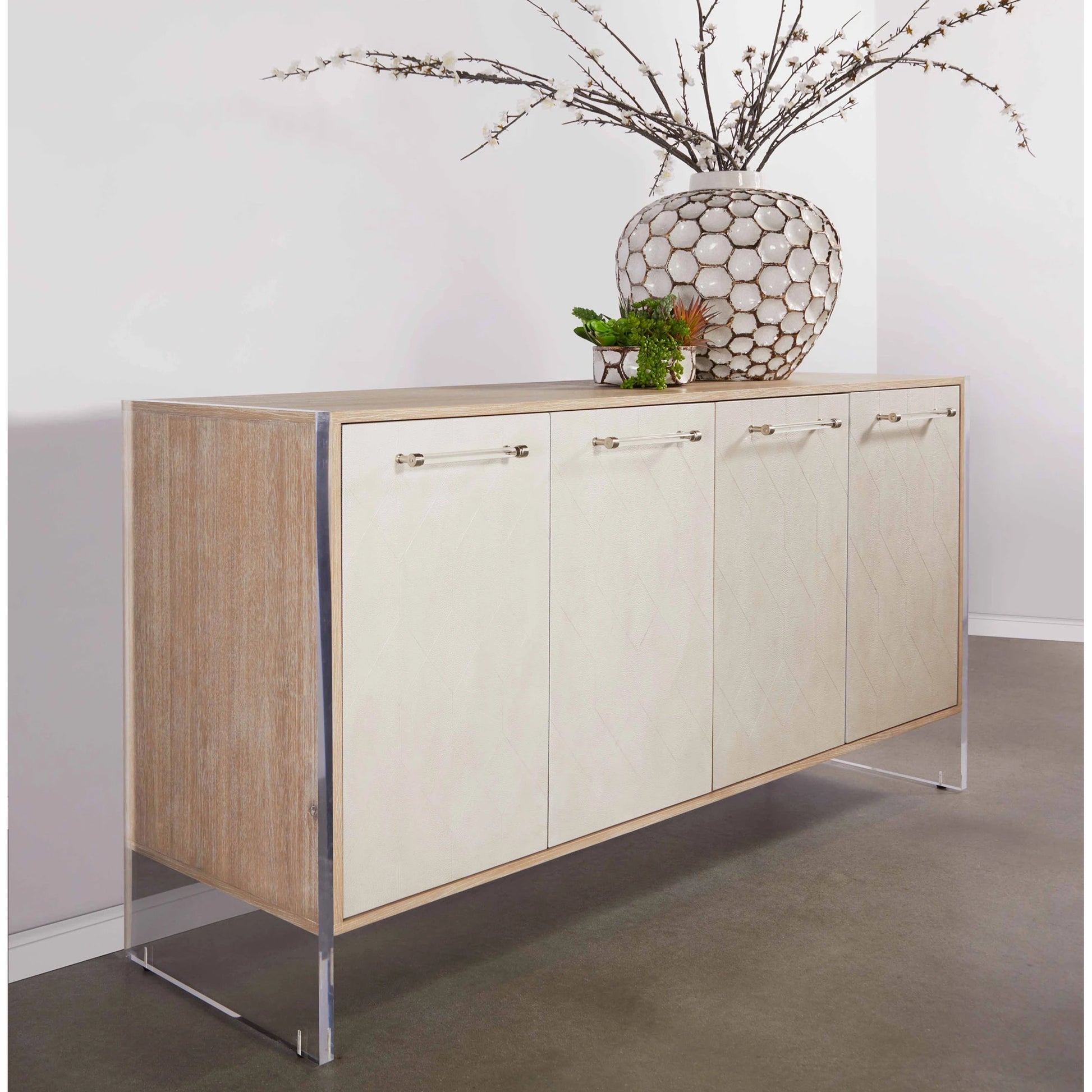 Lorin Shagreen Media Sideboard by Essentials For Living in pearl shagreen, natural gray acacia. Made from acacia veneer, faux shagreen resin, solid rubberwood, solid beech, mdf, acrylic, metal in a modern style.