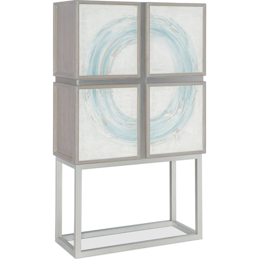 Melange Kandin Bar Cabinet by Hooker Furniture in light gray. Made from oak veneers, linen, metal, glass, puck light in a modern style.