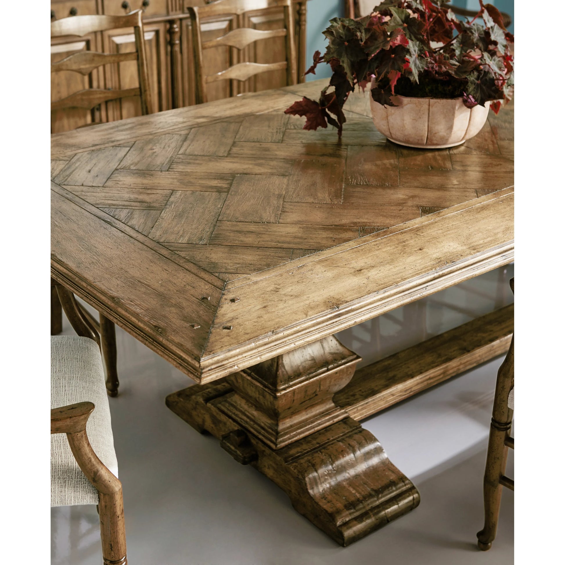Casual Accents Medium Driftwood Parquet Top Dining Table by Jonathan Charles in medium brown driftwood. Made from acacia in a modern style.