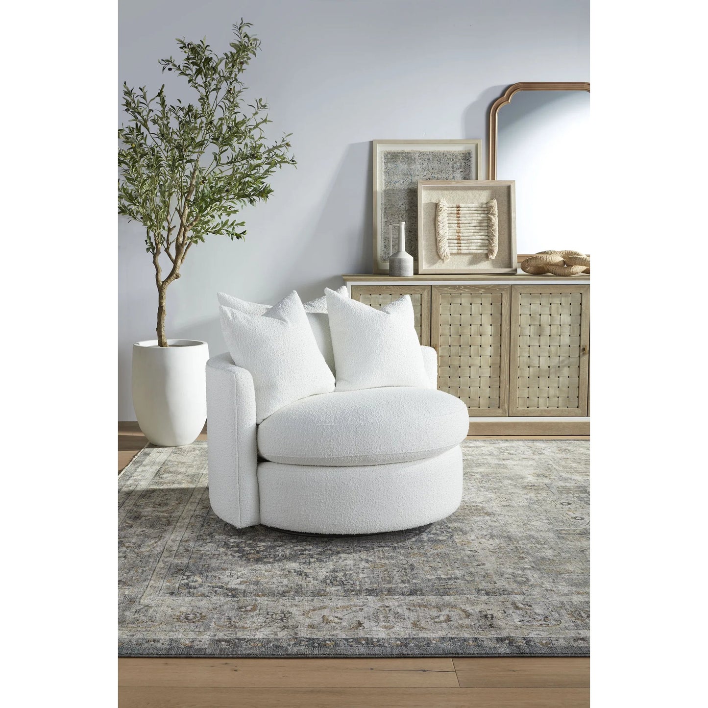 002 SI-2249316 | Lifestyle | Lourne Petite Swivel Sofa Chair by Essentials For Living in livesmart boucle-snow. Made from mdf, plywood, metal in a transitional style.