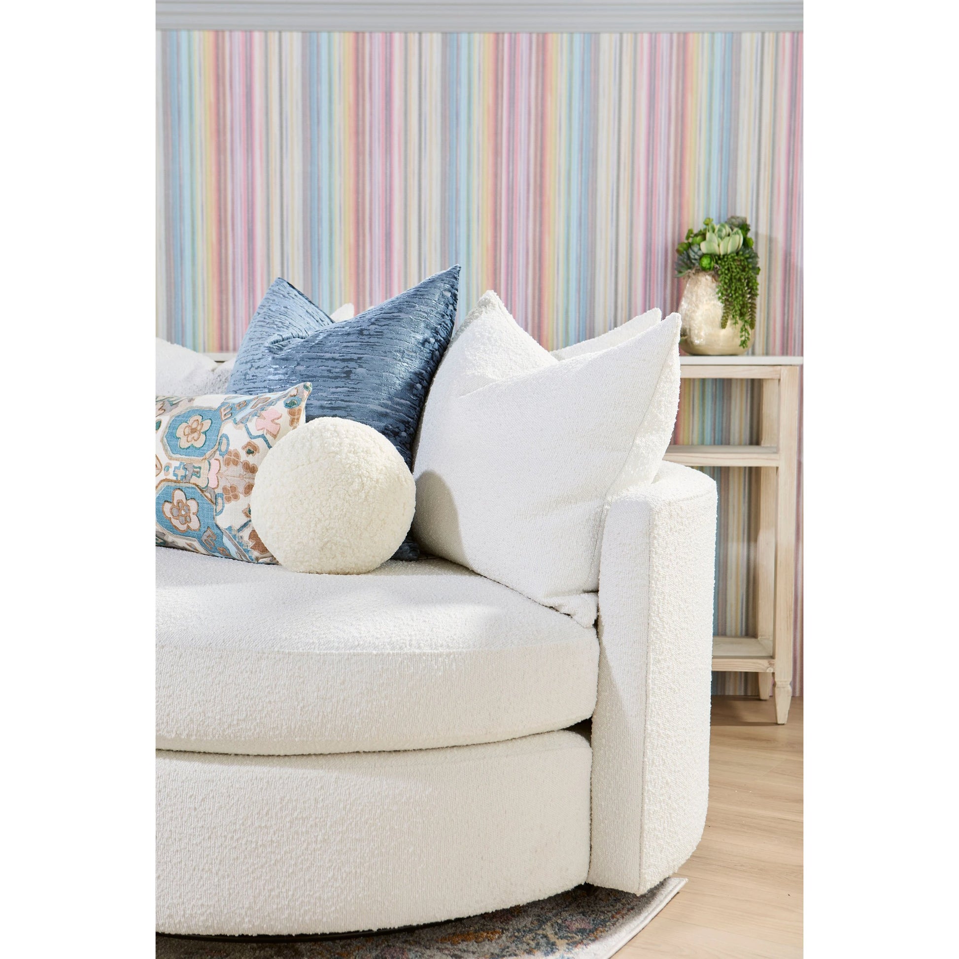 Lourne Grand Swivel Sofa Chair by Essentials For Living in performance boucle snow. Made from mdf, plywood, metal, 96% polyester/4% acrylic fabric, foam, down blend, down feather in a modern style.