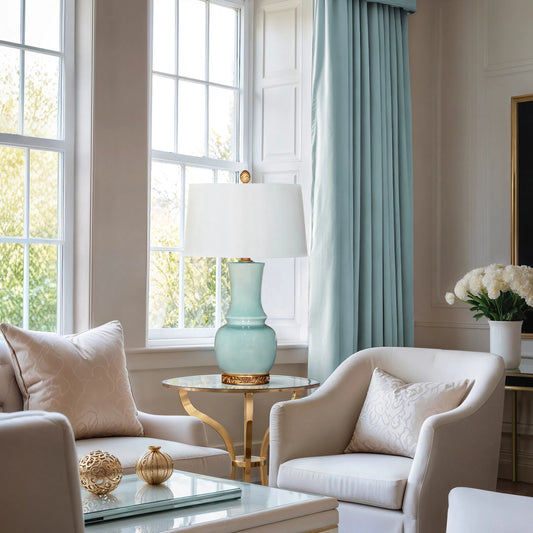 Wyndham Blue Lamp by Bradburn Home. Made from ceramic in a unique style.