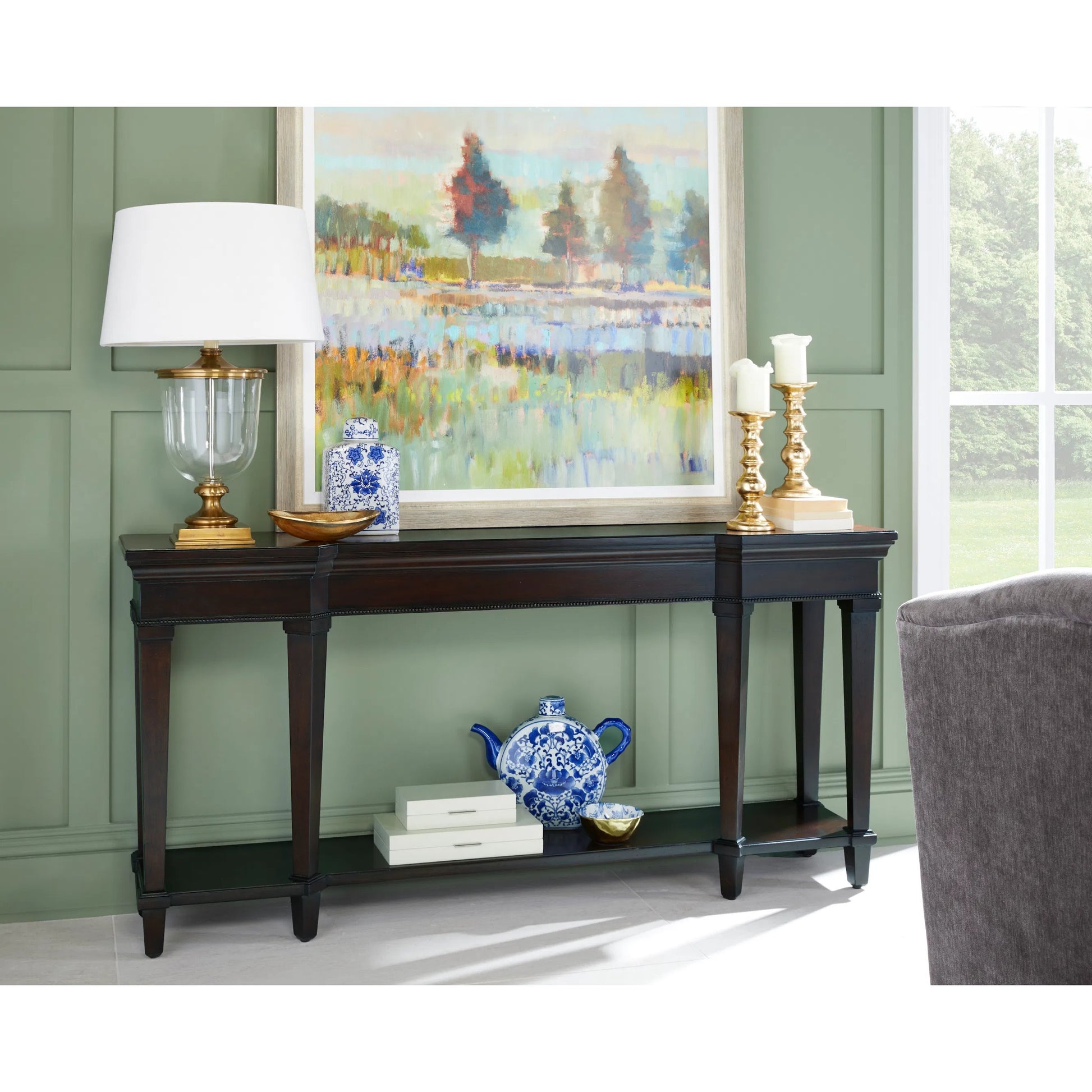 Revival Console Table by A.R.T. Furniture in brown and napa mahogany. Made from rubberwood solids, quarter mahogany veneer, resin in a traditional style.