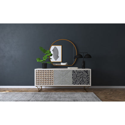 Commerce & Market Jaiden Three Door Credenza by Hooker Furniture in light wood. Made from mango wood with bone inlay, iron in a modern style.