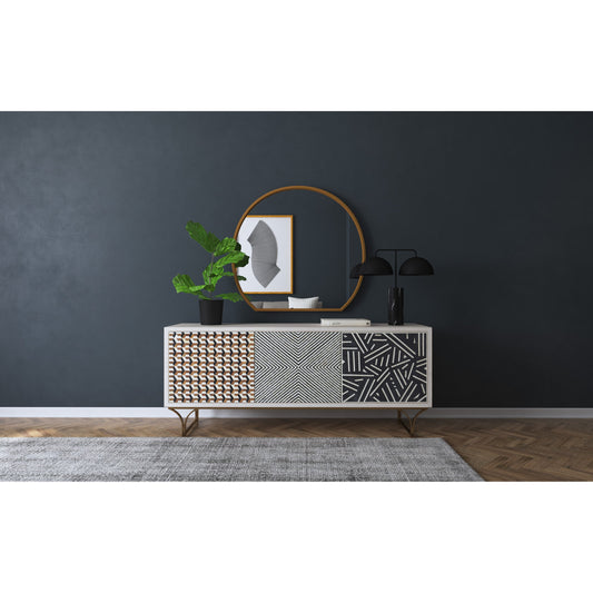 Commerce & Market Jaiden Three Door Credenza by Hooker Furniture in light wood. Made from mango wood with bone inlay, iron in a modern style.