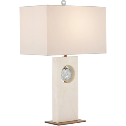 Radiant Table Lamp by Currey and Company in white, clear, antique brass. Made from white marble, glass, metal in a modern style.