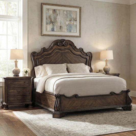 Rhapsody Panel Bed by Hooker Furniture in rustic walnut. Made from pecan veneers, resin in a traditional style.