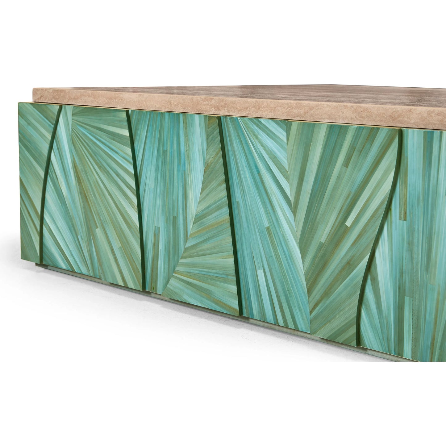 008 SI-2252661 | Closeup | Seaglass Coffee Table by Jonathan Charles in blue and blue straw. Made from straw, marble, koto veneer in a eclectic & global style.
