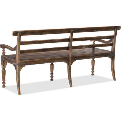 Hill Country Helotes Dining Bench by Hooker Furniture in saddle brown. Made from hardwoods, metal in a traditional style.