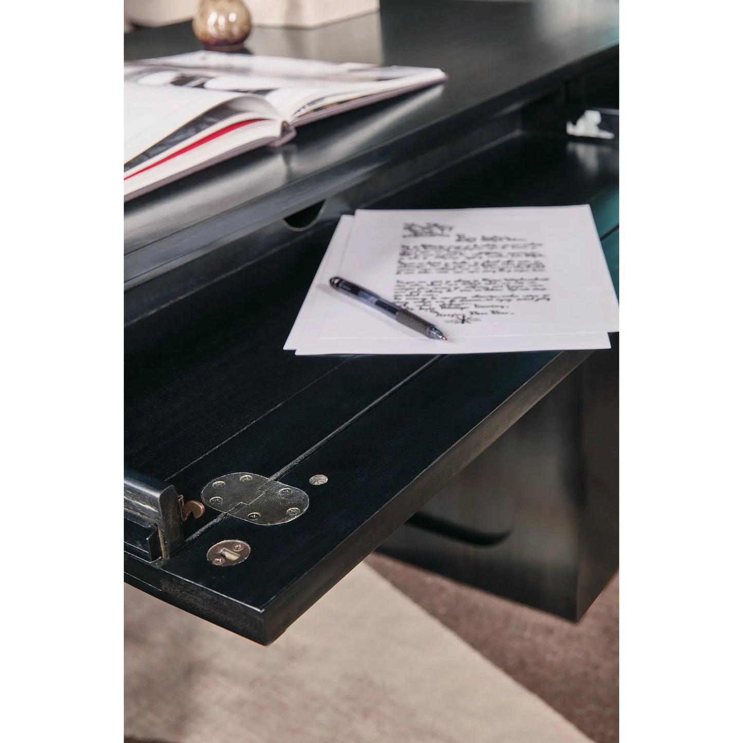 008 SI-2626246 | Closeup | Kenzo Adjustable-Height Desk by Hooker Furniture in black and classic black. wood grain. Made from eucalyptus veneers, raffia in a unique style.