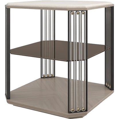 Alloy End Table by Caracole in dry martini. brushed gold, brushed stainless, deep bronze. Made from poplar, stone, koto in a unique style.